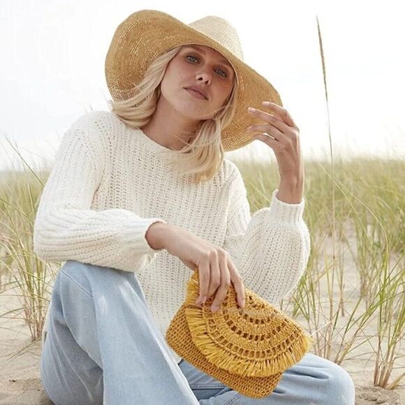 NEW Mar Y Sol Mia Festival Yellow Clutch Woven Crochet Raffia Boho Small Fringe